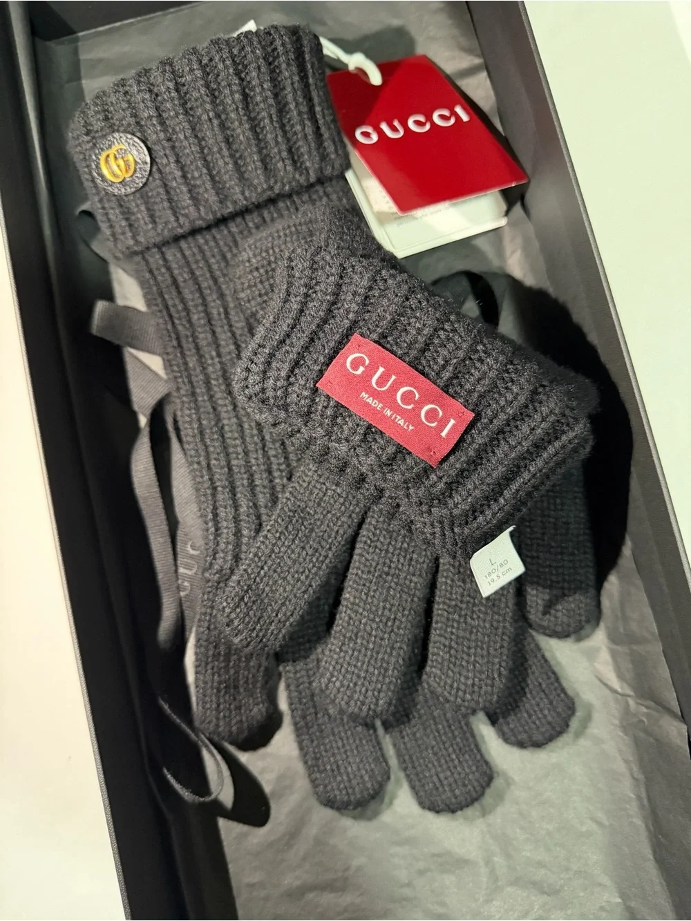 NWT Gucci Wool Cashmere Double G Gloves, in size L